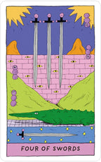 Four of Swords tarot card with swords on a colorful landscape background