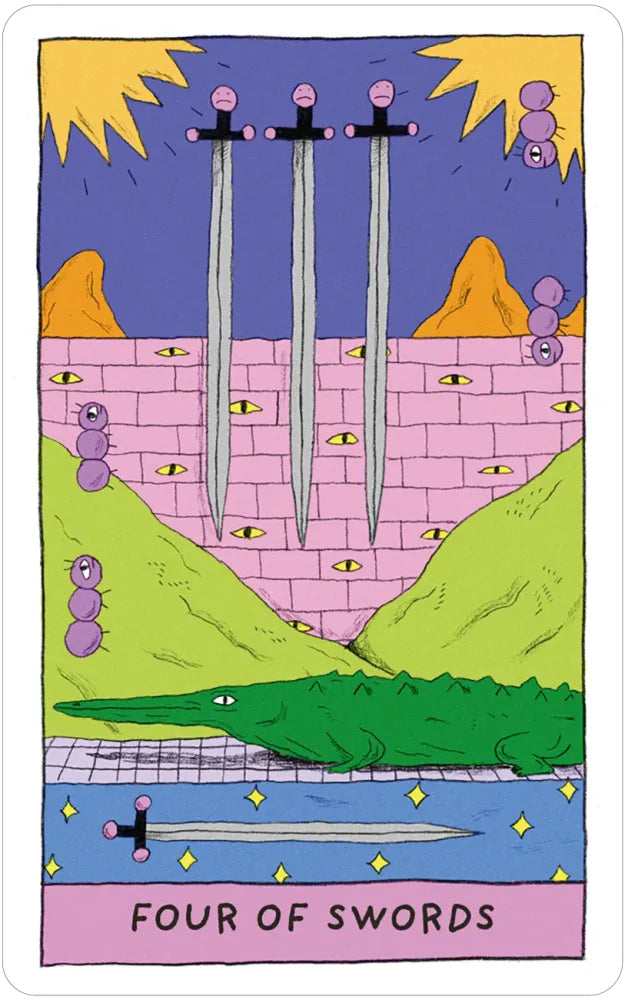 Four of Swords tarot card with swords on a colorful landscape background
