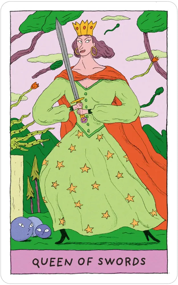 Tarot card featuring the 'Queen of Swords' with a green dress and sword, on a pink background.
