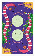 Cartoonish depiction of two smiling moons with striped serpentine creatures on a purple background.