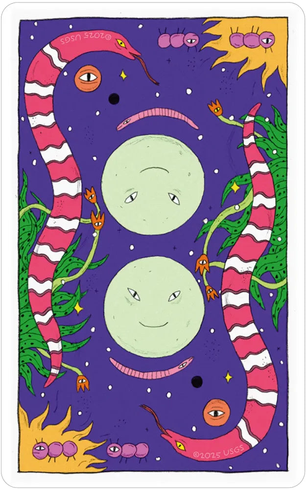 Cartoonish depiction of two smiling moons with striped serpentine creatures on a purple background.
