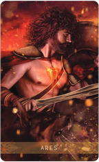 Tarot card featuring Ares with a fiery background