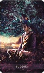 Buddha figure in a serene forest setting with 'Buddha' text at the bottom.