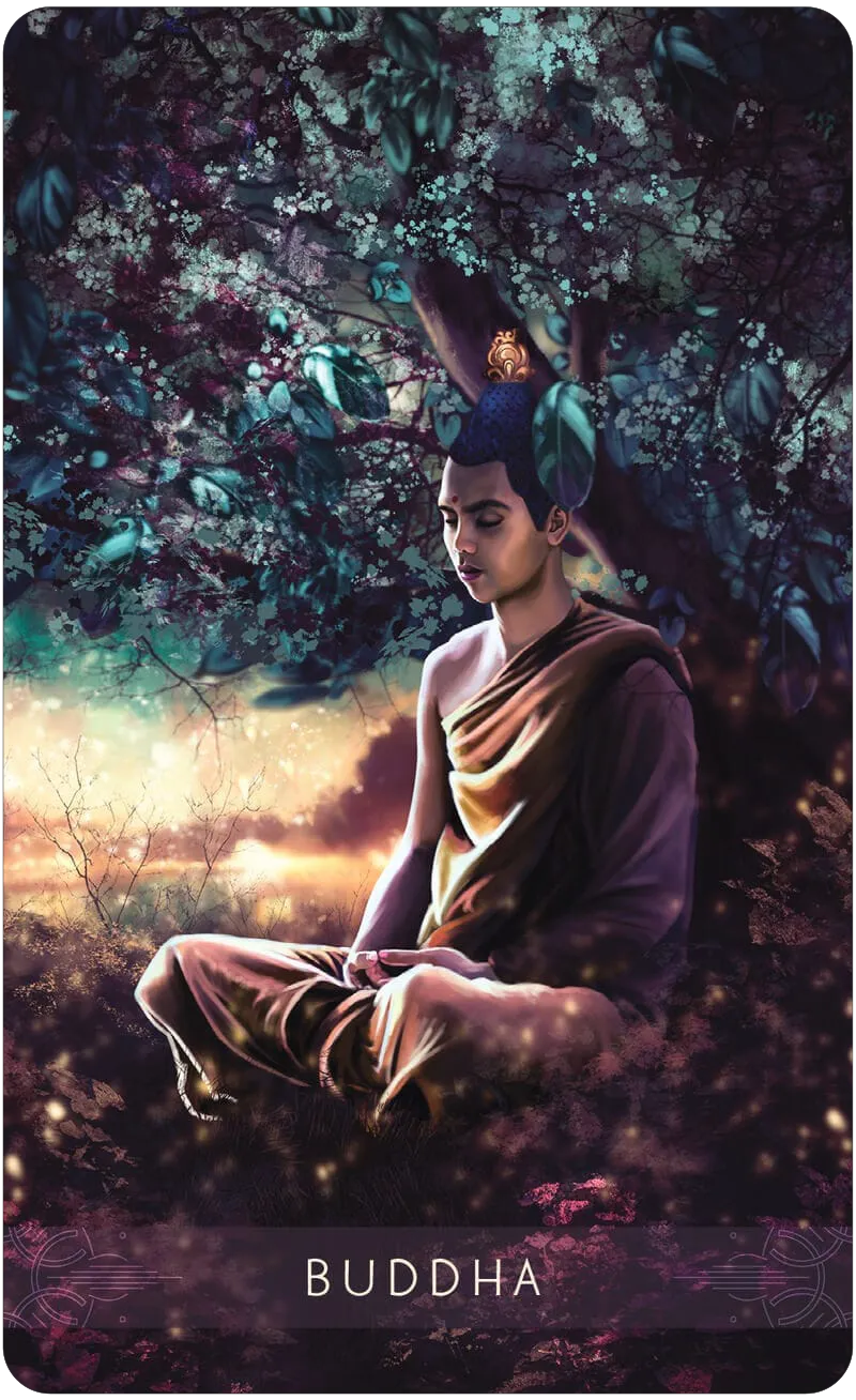 Buddha figure in a serene forest setting with 'Buddha' text at the bottom.
