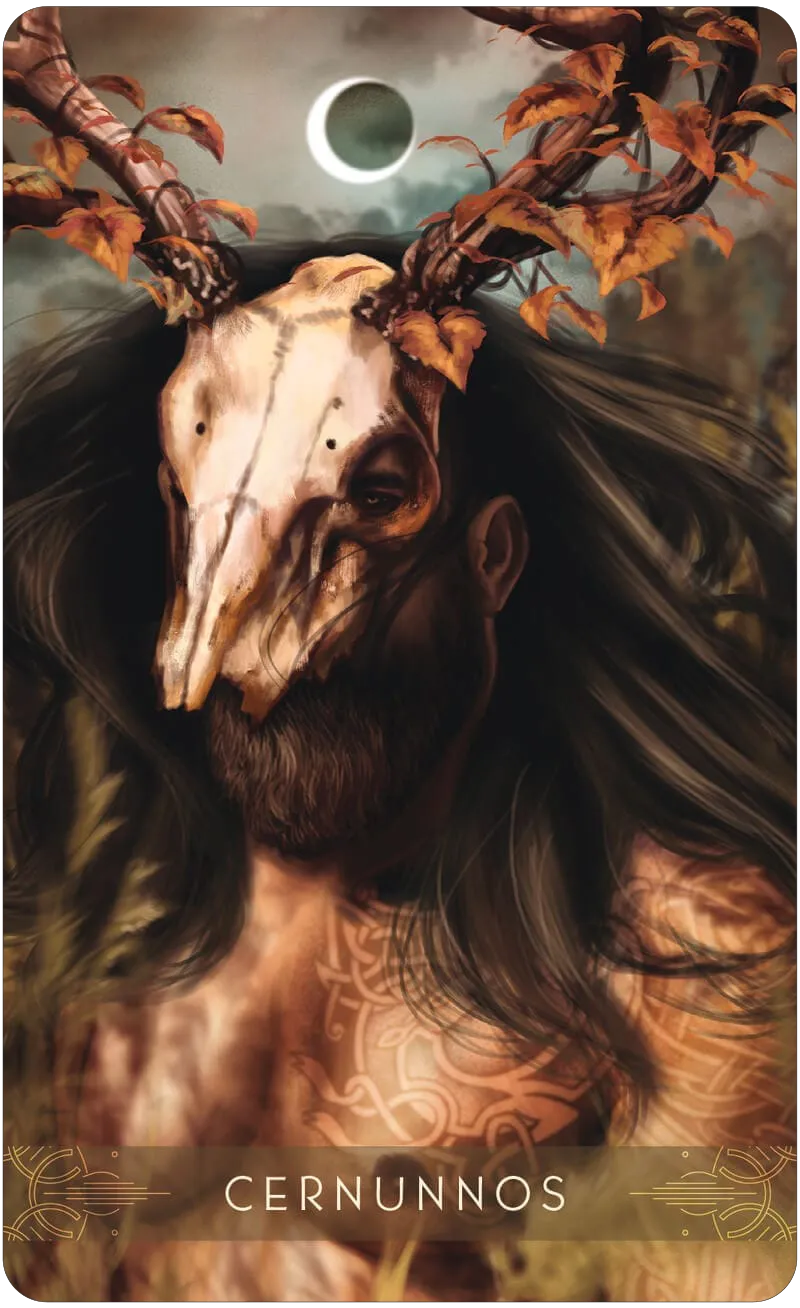 Card featuring a creature with a skull and antlers, labeled 'Cernunnos', against a mystical background.