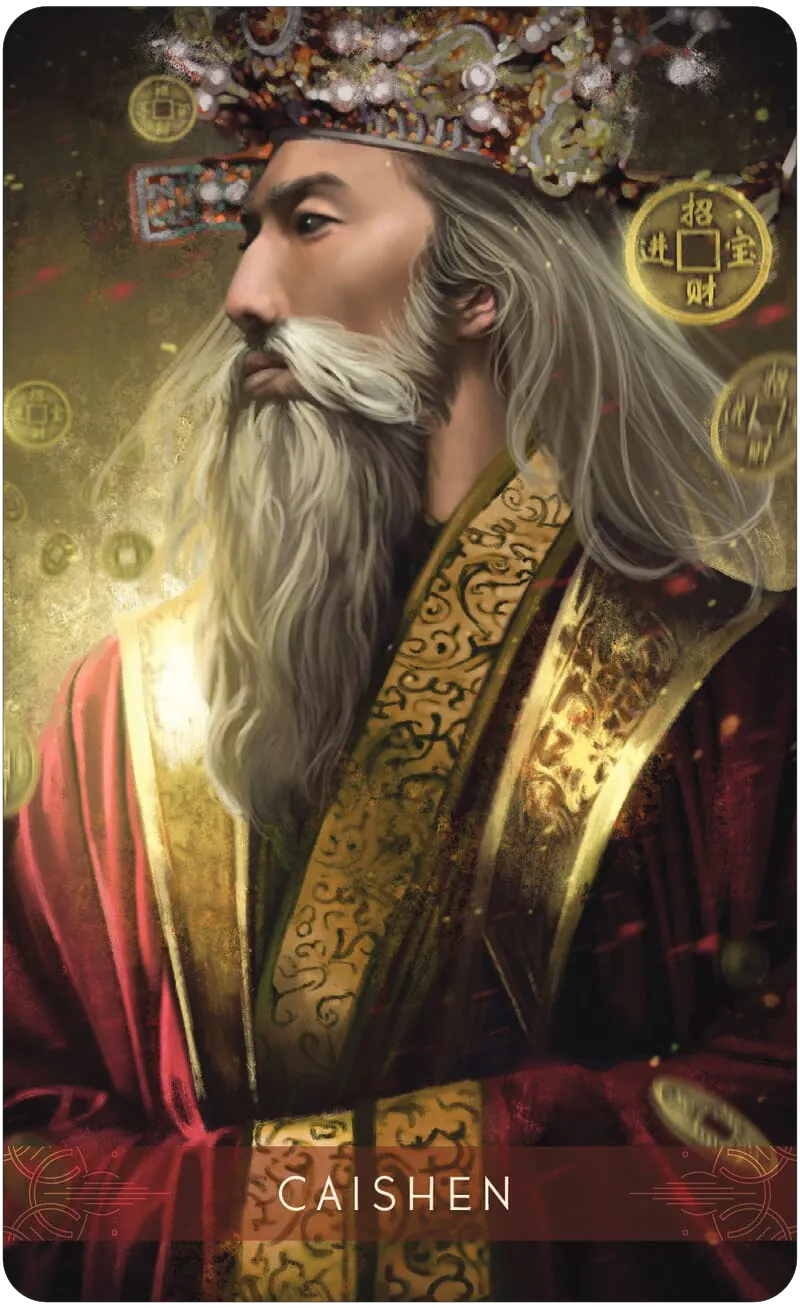 Illustration of a character with traditional attire and headdress, labeled 'Caishen'.