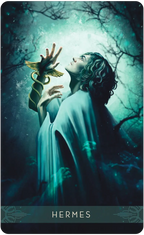 Card featuring a figure with a snake-like creature reaching towards them, set against a dark forest background.
