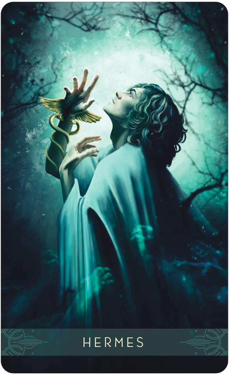 Card featuring a figure with a snake-like creature reaching towards them, set against a dark forest background.