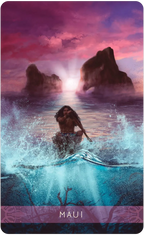 Person running into water with rocks and a bright light in the background, labeled 'Maui'.
