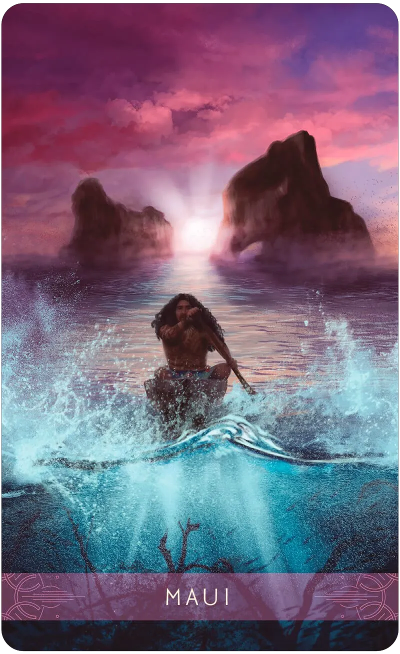 Person running into water with rocks and a bright light in the background, labeled 'Maui'.
