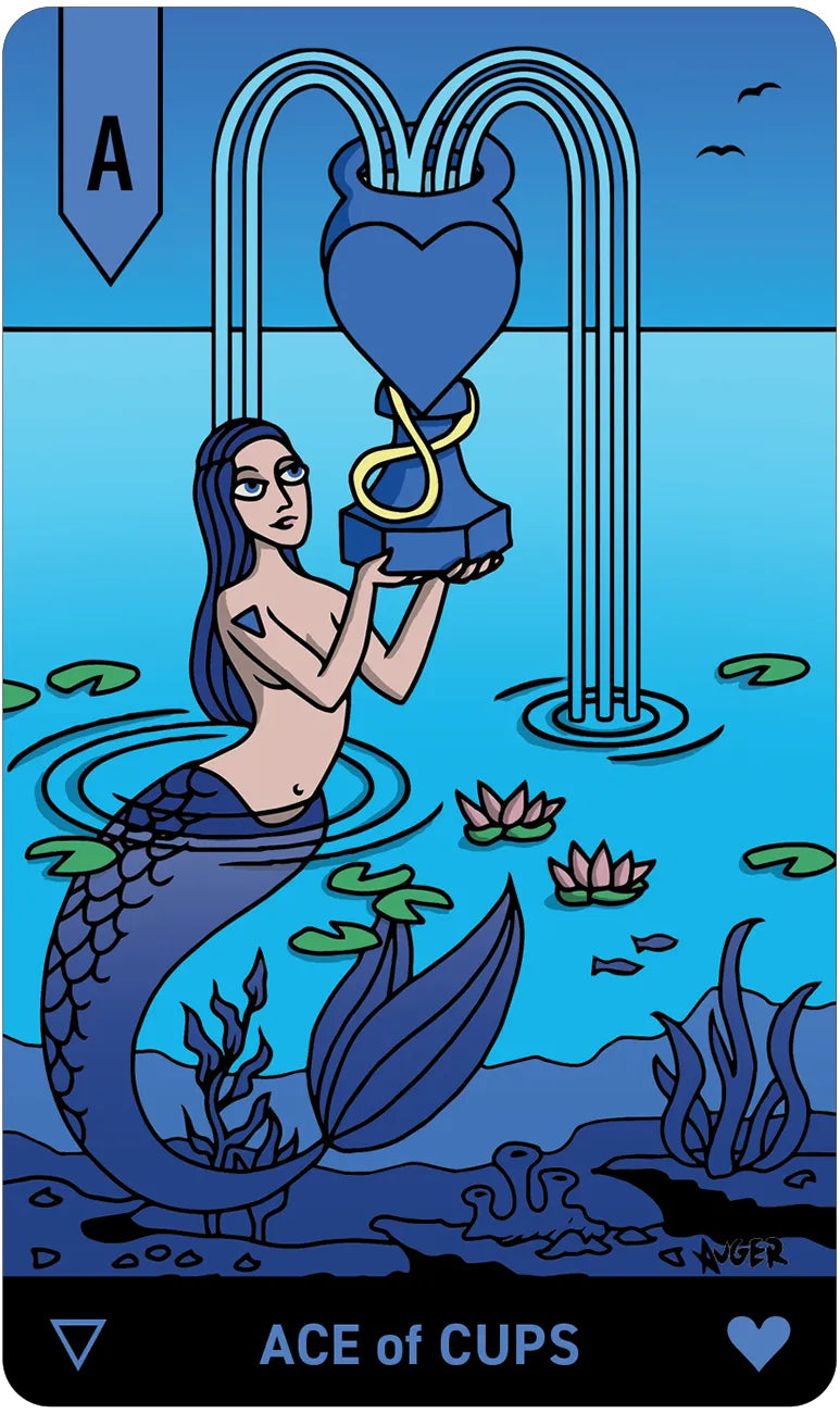 Ace of Cups tarot card with a mermaid holding a heart-shaped cup underwater.