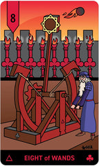Eight of Wands tarot card with a wheel of fortune and a figure in a blue robe against a sunset background.
