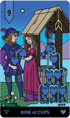 Card from a tarot deck showing two people by a well with blue hearts, labeled 'Nine of Cups'.