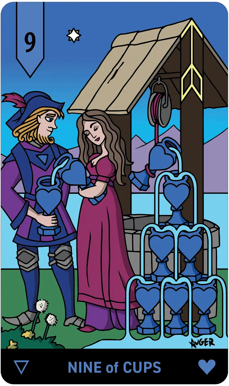 Card from a tarot deck showing two people by a well with blue hearts, labeled 'Nine of Cups'.