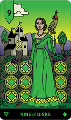 Card from a tarot deck titled 'Nine of Disks' featuring a woman in a green dress holding a bird.