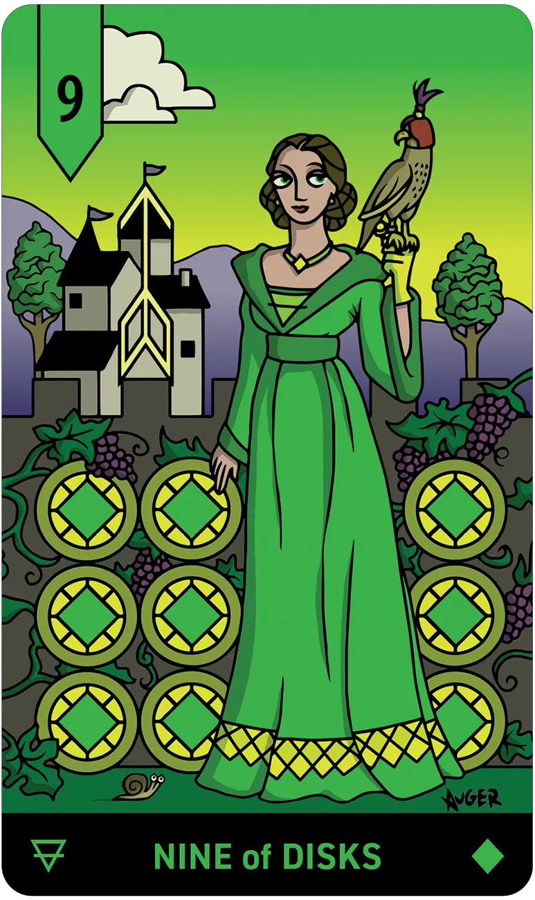 Card from a tarot deck titled 'Nine of Disks' featuring a woman in a green dress holding a bird.