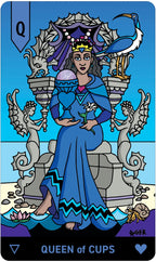 Queen of Cups tarot card with a blue dress and heart symbol, surrounded by dragons and a peacock.