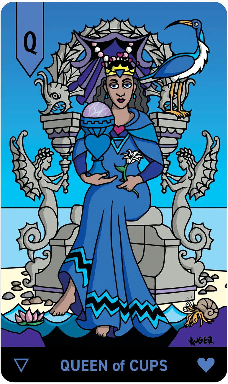 Queen of Cups tarot card with a blue dress and heart symbol, surrounded by dragons and a peacock.