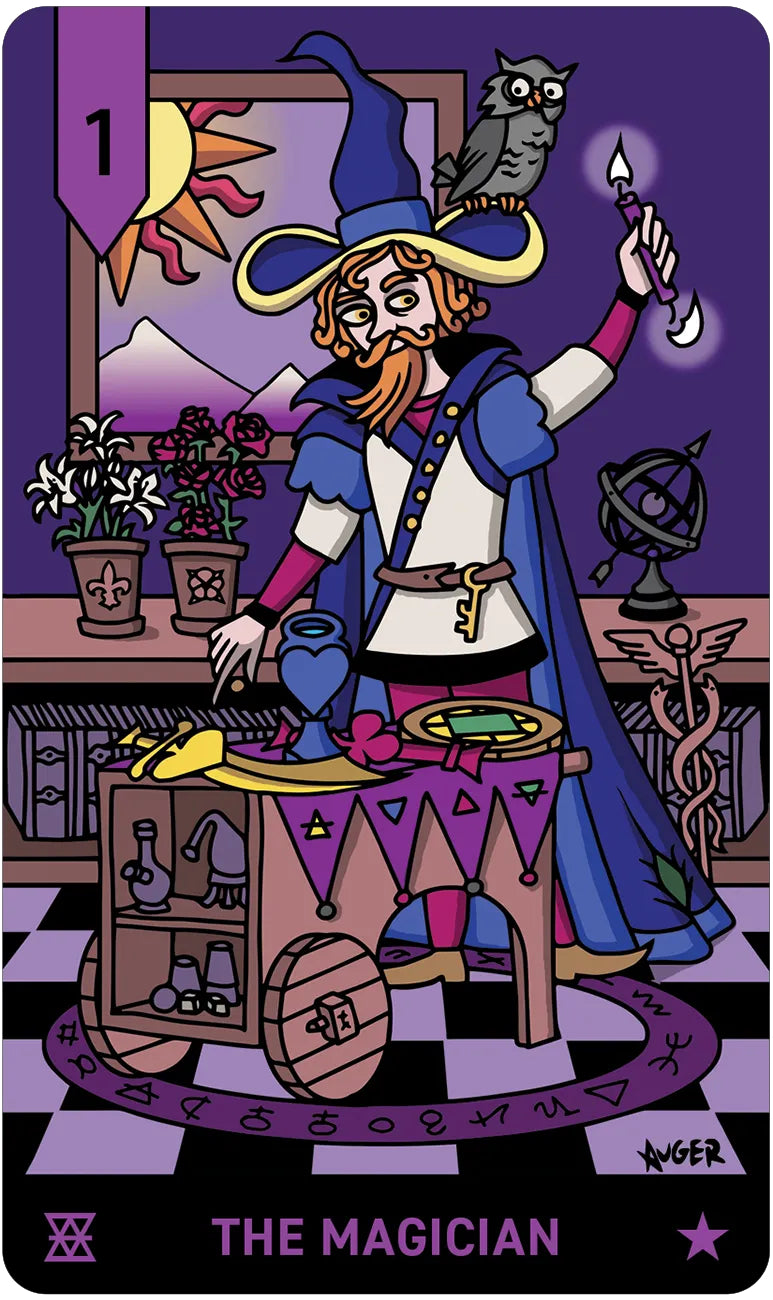 Tarot card featuring 'The Magician' with a magician in a blue robe and hat, surrounded by symbols and plants.