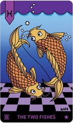 Card featuring two stylized fish on a checkered purple and blue background with a purple banner at the top.
