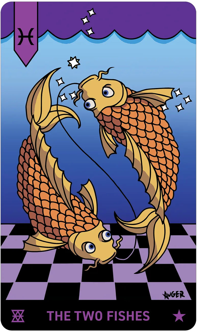 Card featuring two stylized fish on a checkered purple and blue background with a purple banner at the top.