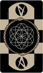 Decorative card with geometric symbols and checkered border