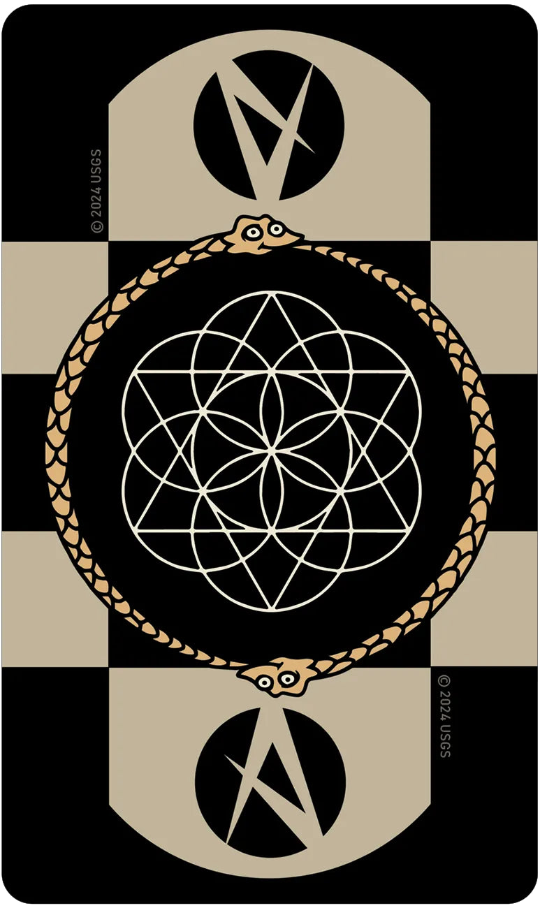 Decorative card with geometric symbols and checkered border