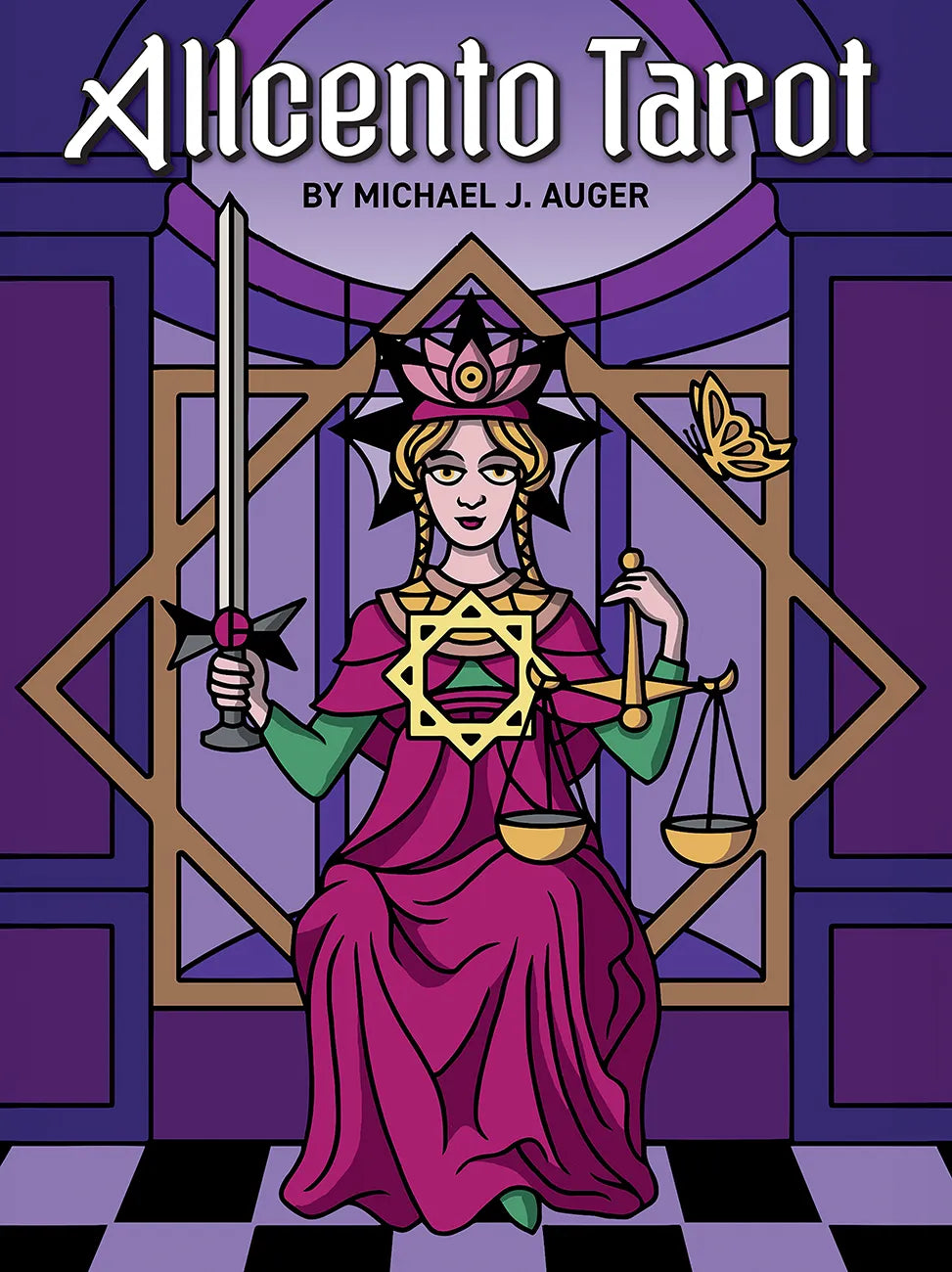 Cover of 'Allcento Tarot' by Michael J. Auger featuring a tarot card design with a figure holding scales and a sword.