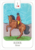 Card with a rider on a horse against a blue and white patterned background