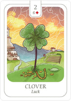 Card with a four-leaf clover and horseshoe on a scenic background, labeled 'Clover Luck'.