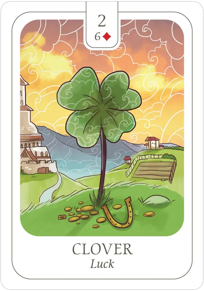 Card with a four-leaf clover and horseshoe on a scenic background, labeled 'Clover Luck'.