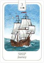 Card with a ship illustration and '3 of Spades' text on a blue background