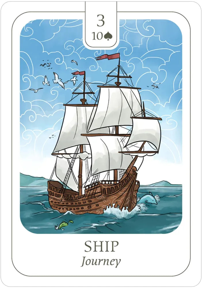 Card with a ship illustration and '3 of Spades' text on a blue background