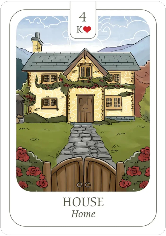 Card with a house illustration and '4' and 'K' symbols, labeled 'House Home'.