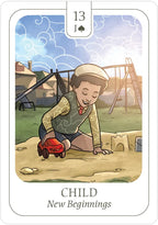 Card from a tarot deck featuring a child playing with a red toy car in a playground.