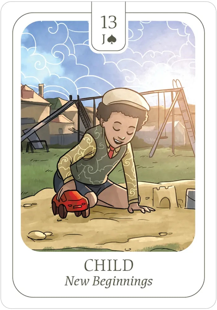 Card from a tarot deck featuring a child playing with a red toy car in a playground.