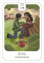Card from a tarot deck showing a couple on a bench with a ring, labeled 'Ring Commitment'.