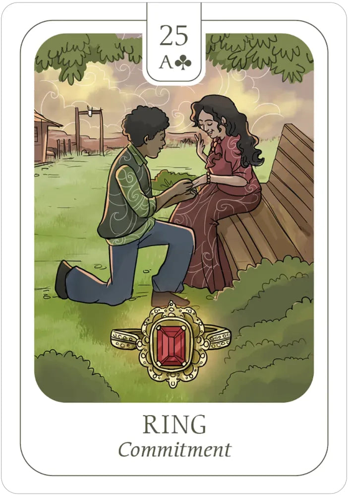 Card from a tarot deck showing a couple on a bench with a ring, labeled 'Ring Commitment'.