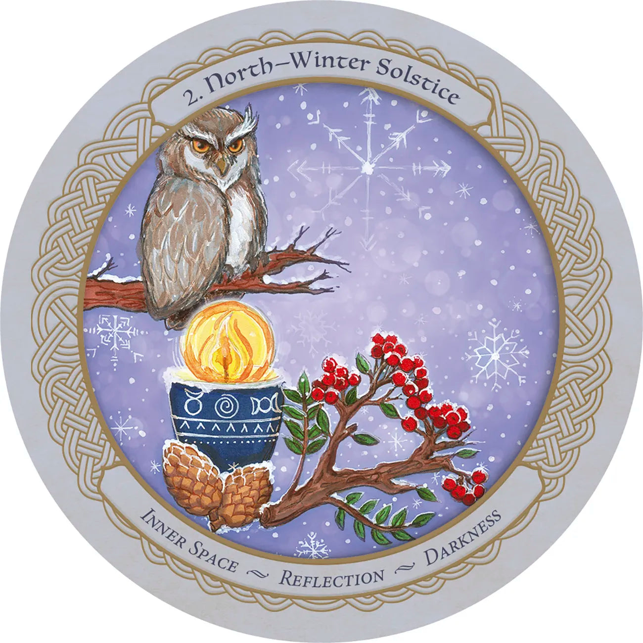 Decorative plate with an owl, candle, and holly design on a purple background.