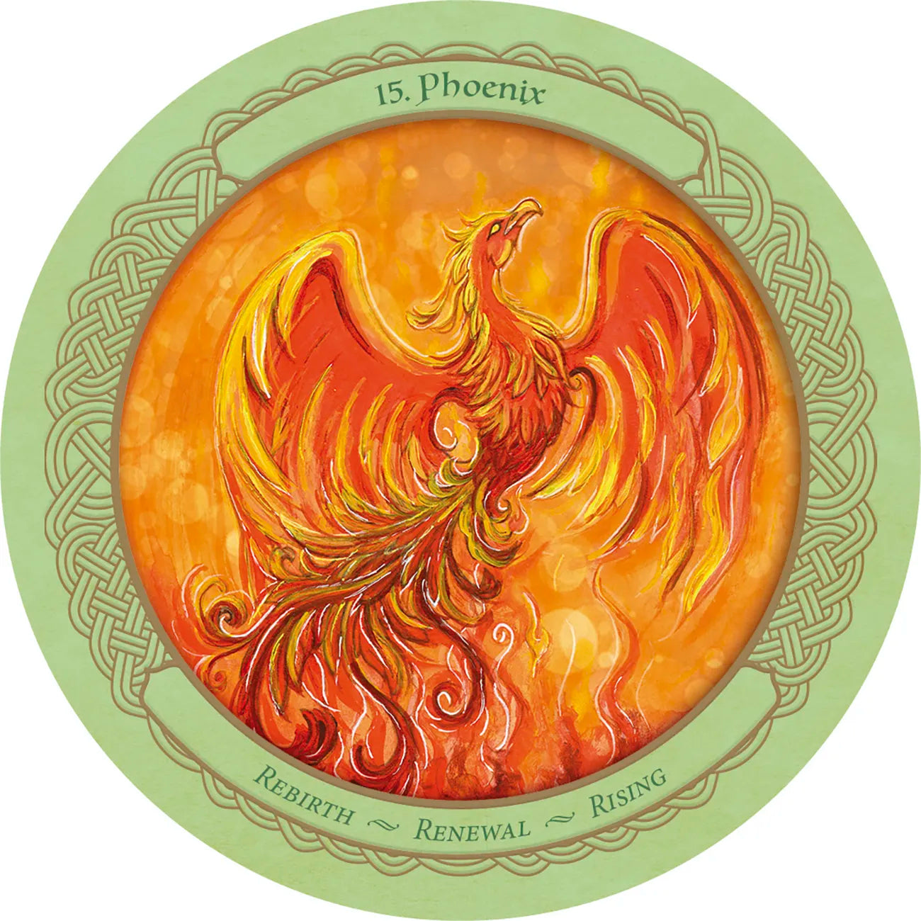 Circular artwork of a phoenix with '15. Phoenix' text on a green border