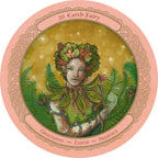 Illustration of an Earth Fairy with green foliage and flowers, surrounded by nature elements on a pink border.