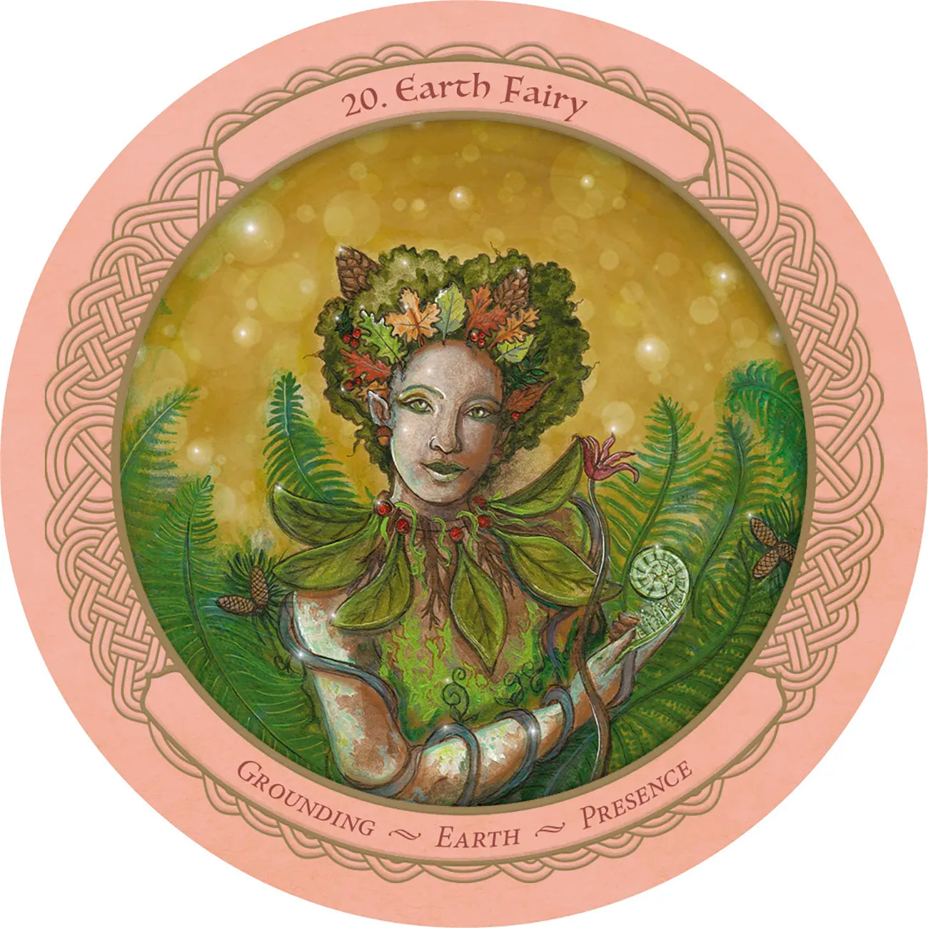 Illustration of an Earth Fairy with green foliage and flowers, surrounded by nature elements on a pink border.