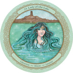 Circular artwork of a woman with blue hair underwater, with text and decorative elements.