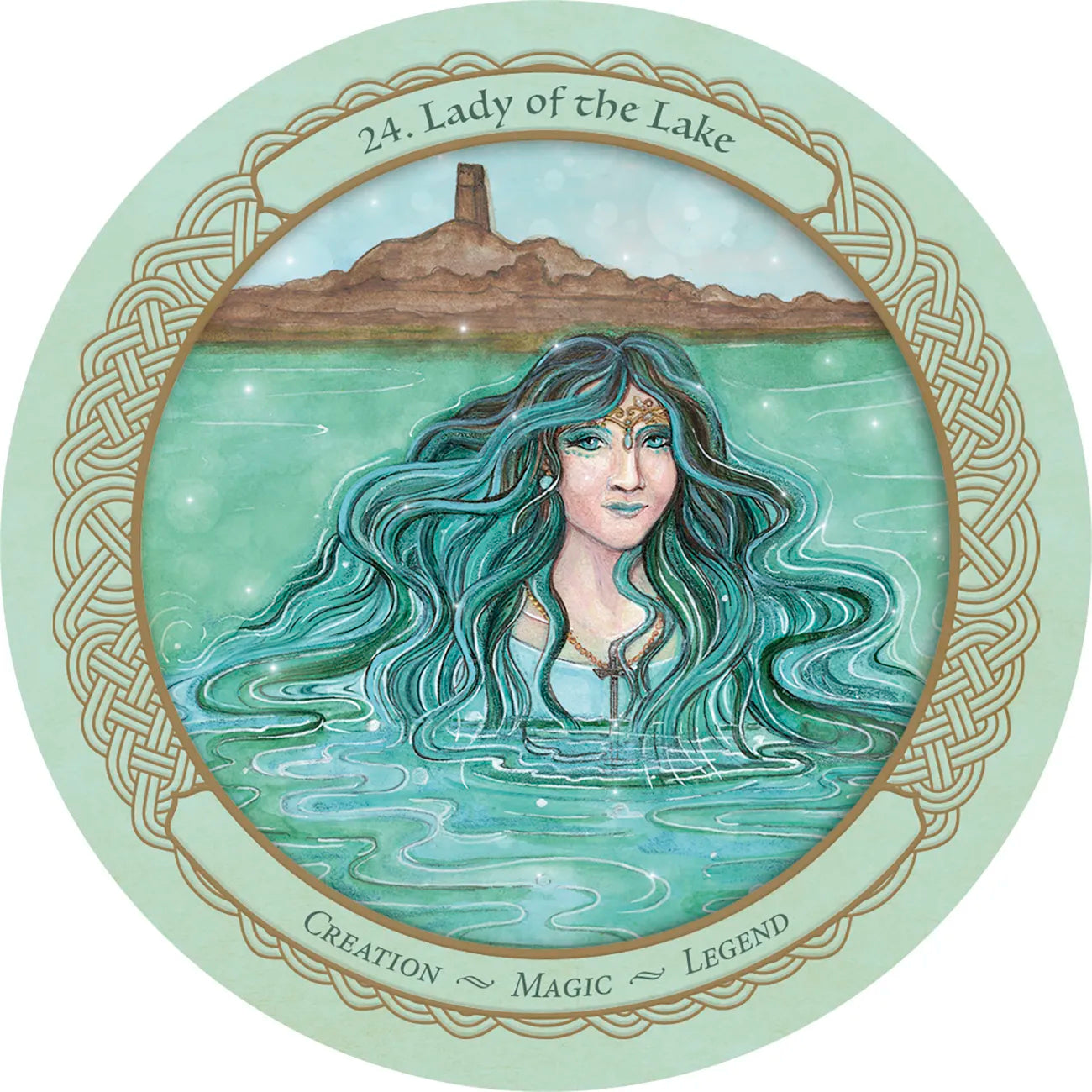 Circular artwork of a woman with blue hair underwater, with text and decorative elements.