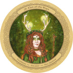 Circular artwork of a woman with antlers and green attire, surrounded by nature elements.