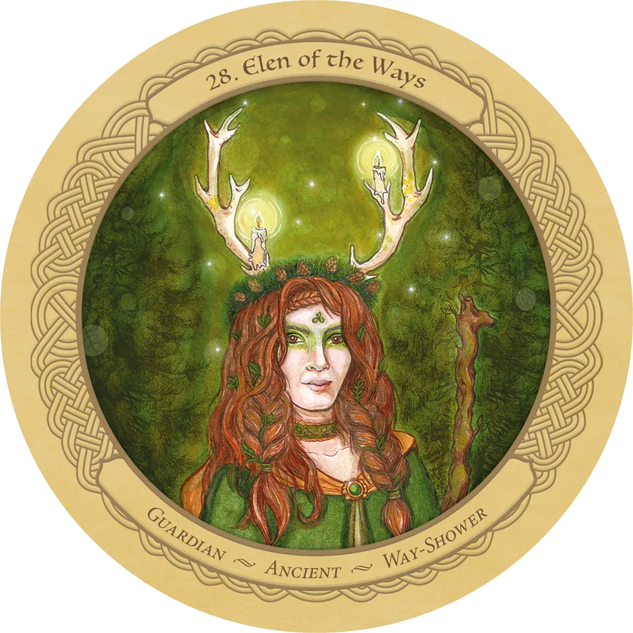 Circular artwork of a woman with antlers and green attire, surrounded by nature elements.