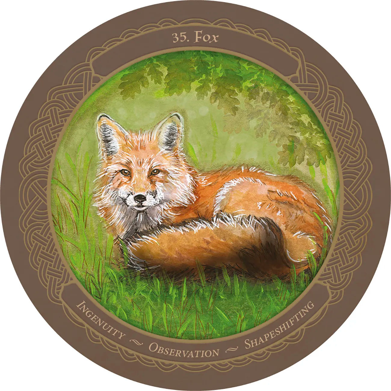 Round coaster with a fox illustration and decorative border on a white background