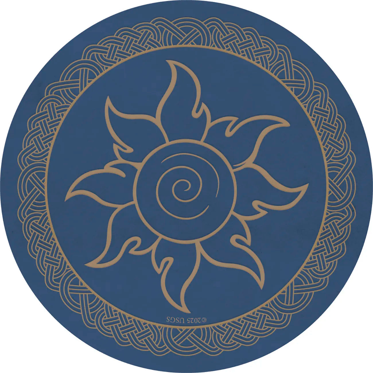 Decorative mat with sun and moon design on a blue background