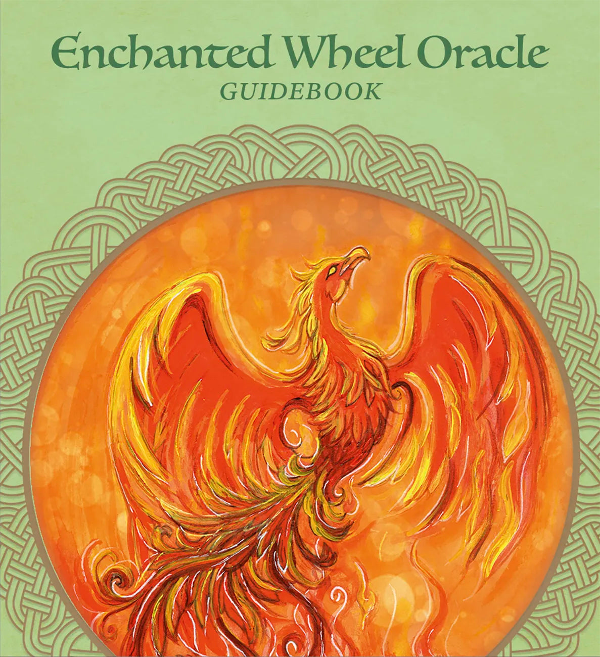 Cover of 'Enchanted Wheel Oracle Guidebook' with a phoenix design on a green background
