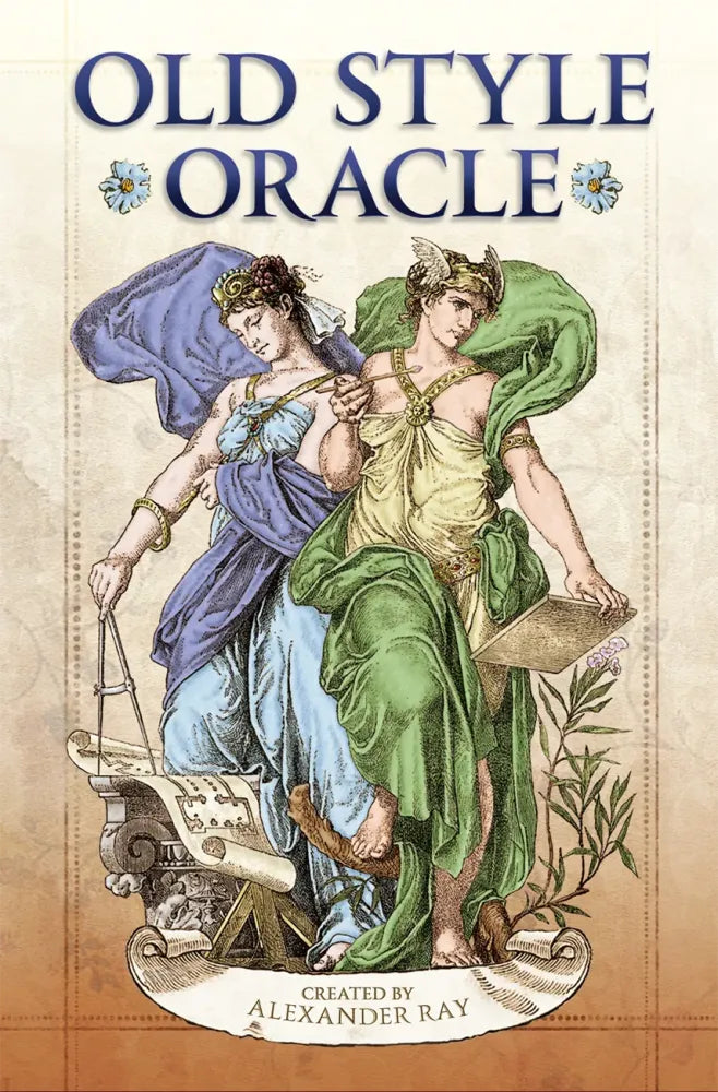 Book cover of 'Old Style Oracle' featuring two classical women with a scale and tablet.